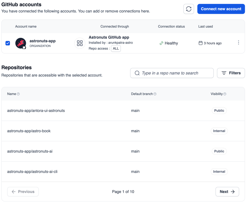 Managed connected accounts and repositories from the Astronuts dashboard